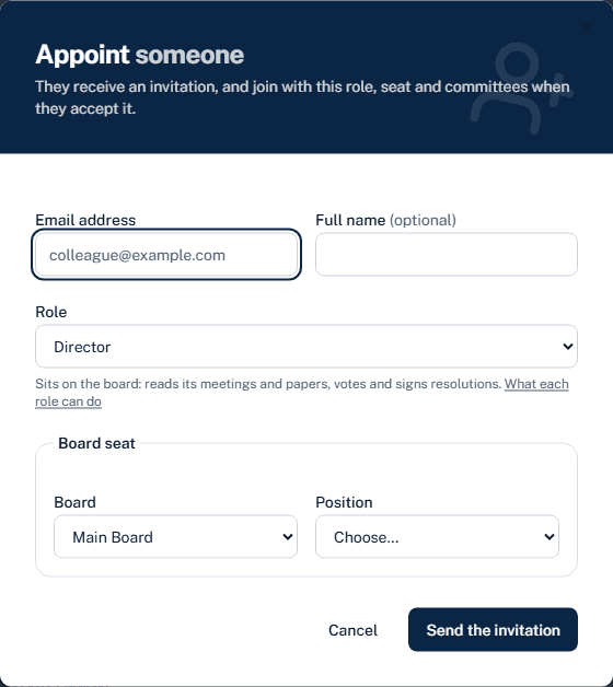 The appointment form: email, role with its description, and the board seat