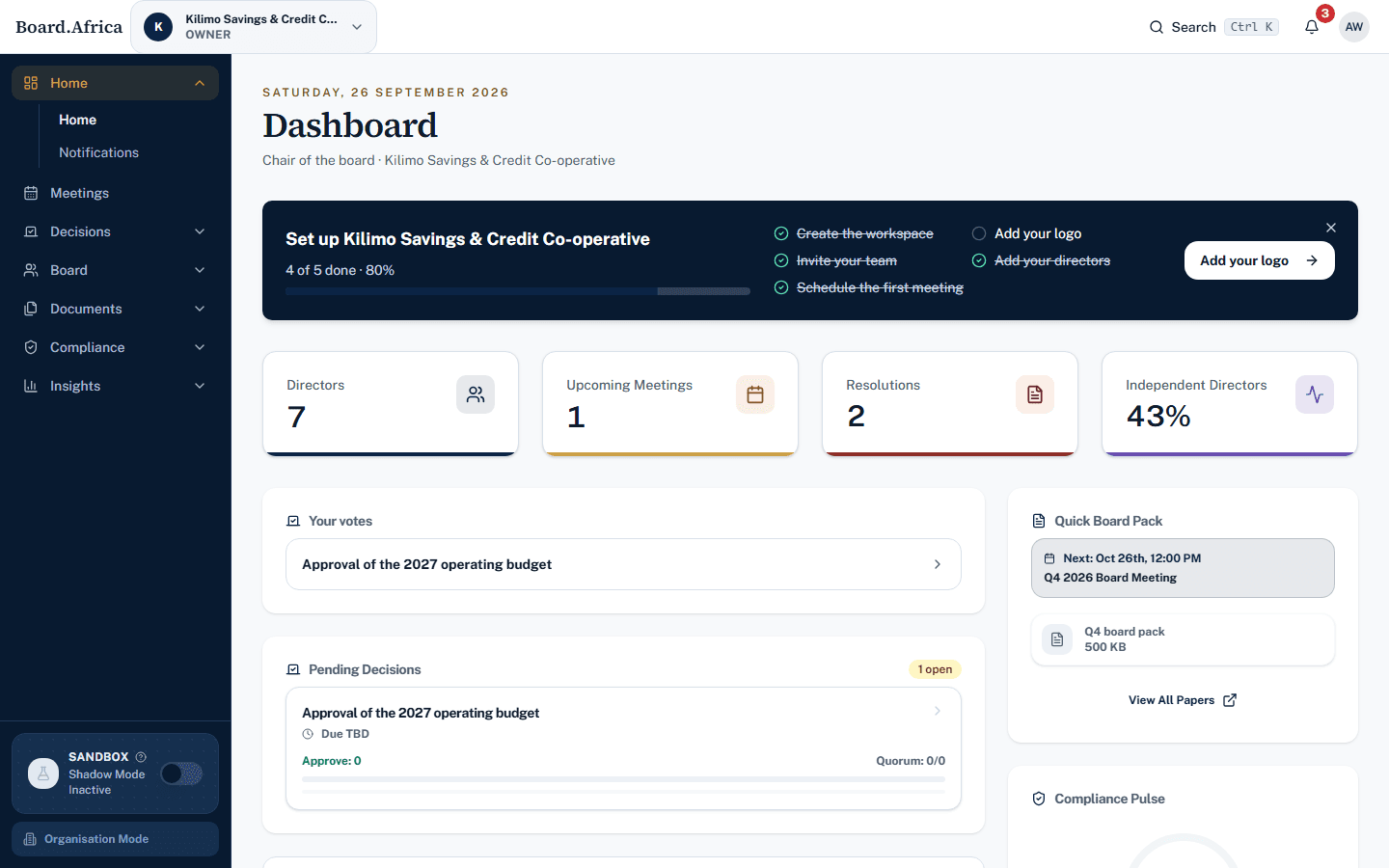 The Board.Africa dashboard: the next meeting, votes waiting, the board pack and the board’s figures